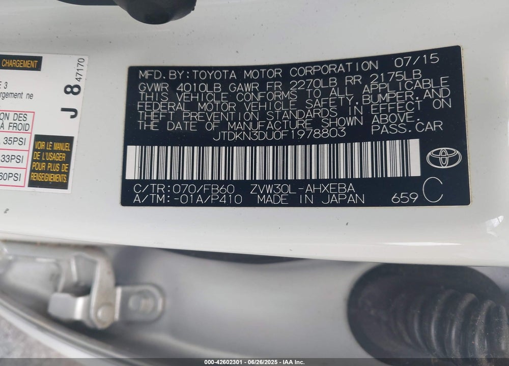 2015 TOYOTA PRIUS VIN: JTDKN3DU0F1978803