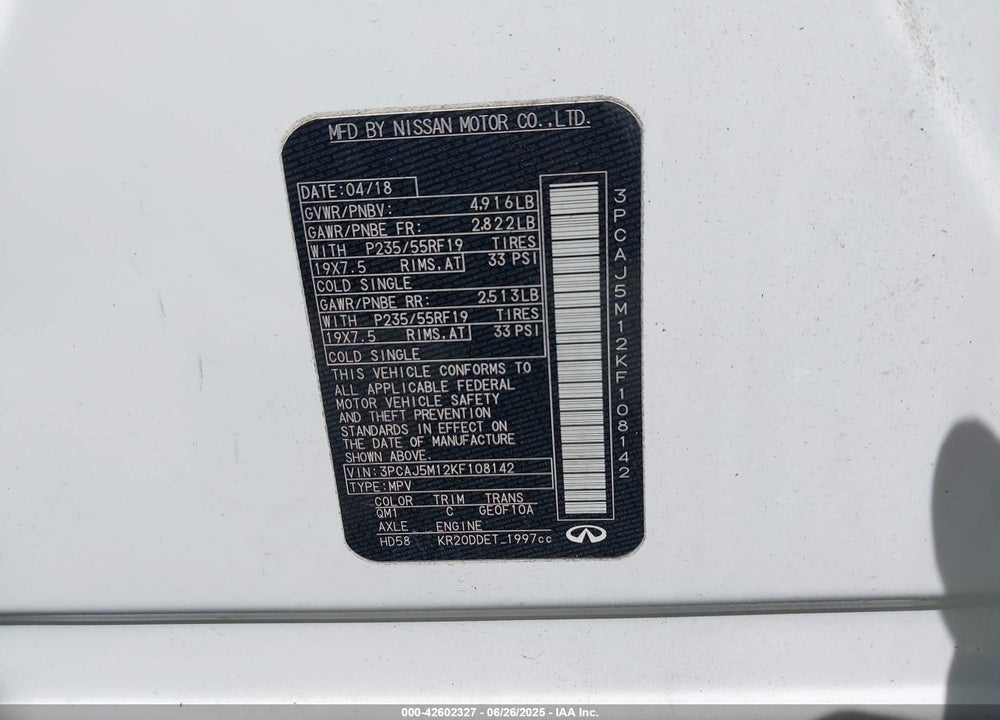 2019 INFINITI QX50 VIN: 3PCAJ5M12KF108142