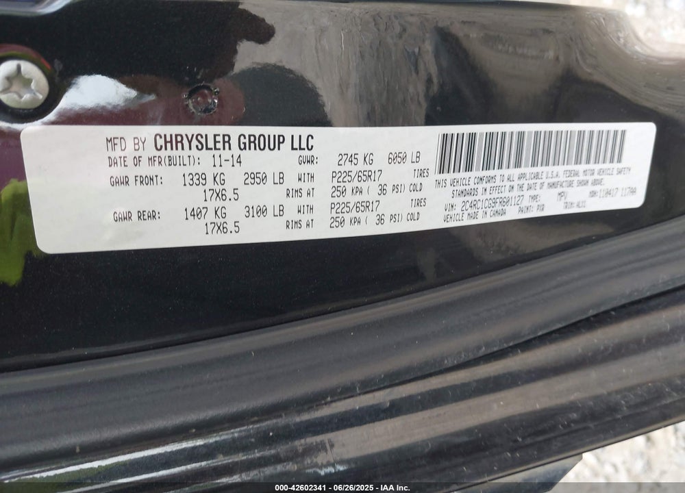 2015 CHRYSLER TOWN & COUNTRY TOURING-L VIN: 2C4RC1CG9FR601127