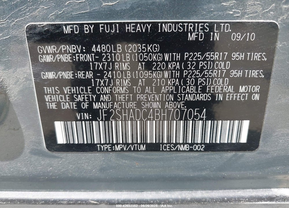 2011 SUBARU FORESTER VIN: JF2SHADC4BH707054