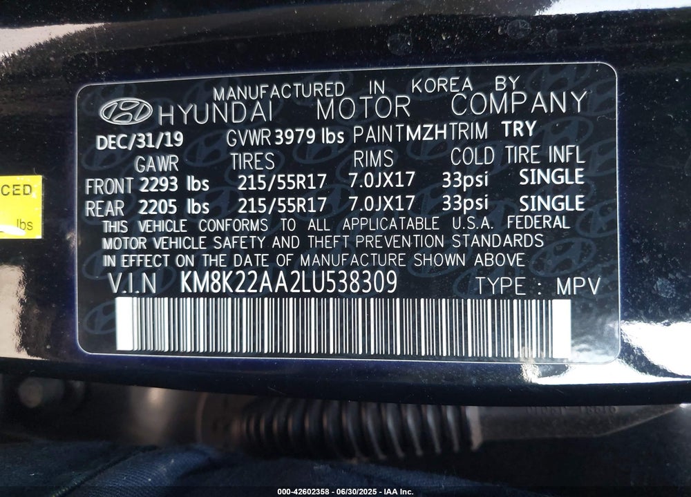 2020 HYUNDAI KONA SEL VIN: KM8K22AA2LU538309