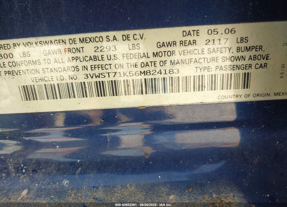 2006 VOLKSWAGEN JETTA TDI VIN: 3VWST71K56M824183