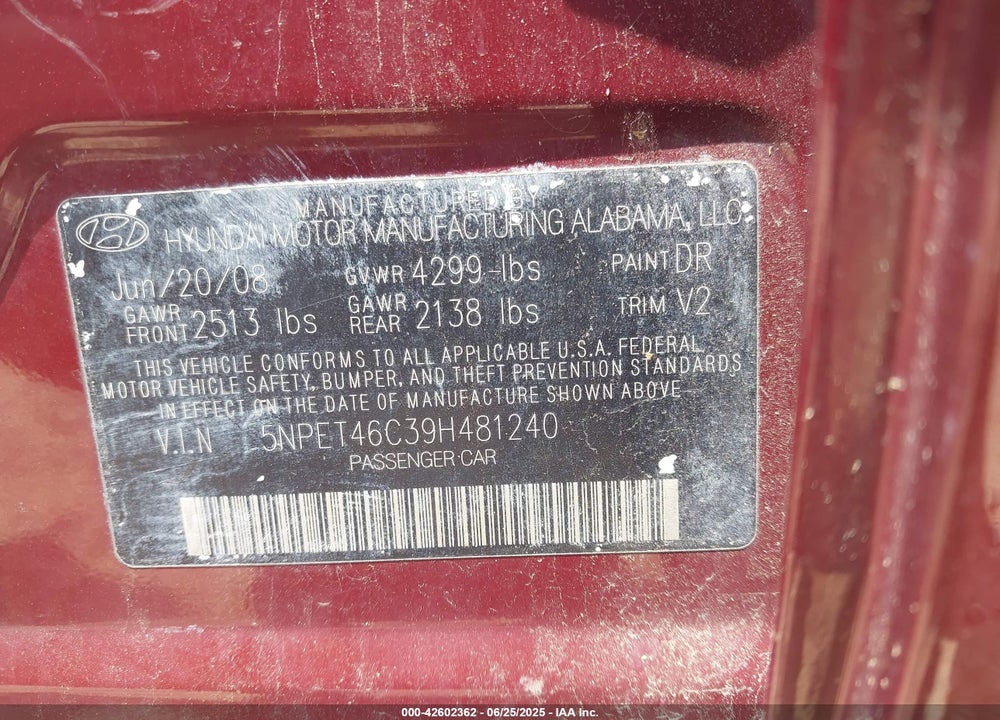 2009 HYUNDAI SONATA VIN: 5NPET46C39H481240
