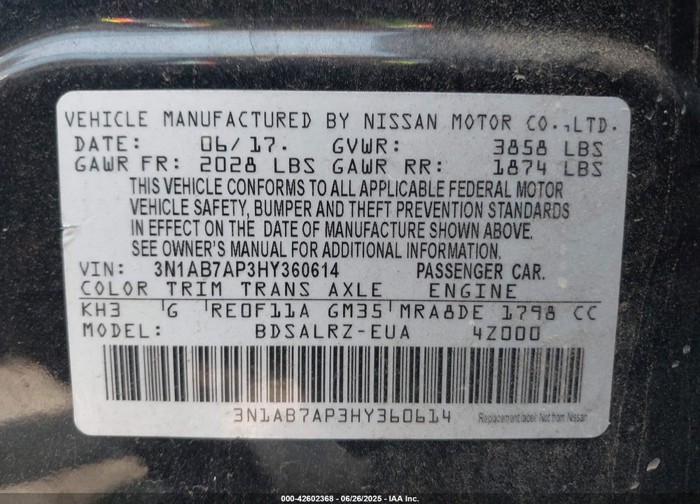 2017 NISSAN SENTRA VIN: 3N1AB7AP3HY360614