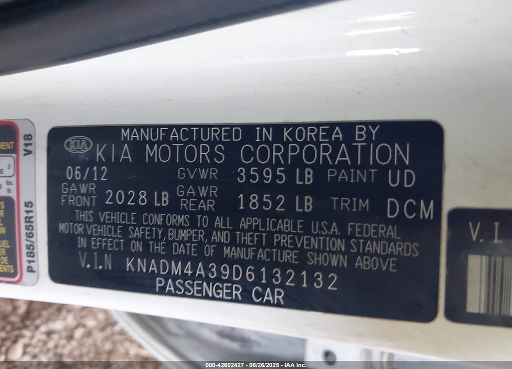 2013 KIA RIO VIN: KNADM4A39D6132132