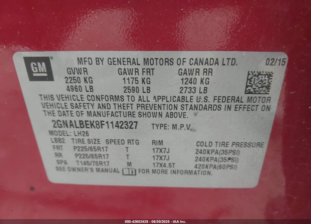 2015 CHEVROLET EQUINOX VIN: 2GNALBEK8F1142327