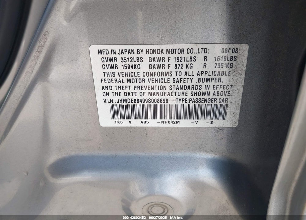 2009 HONDA FIT VIN: JHMGE88499S008698