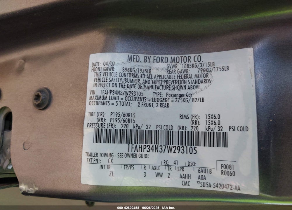 2007 FORD FOCUS S/SE/SES VIN: 1FAHP34N37W293105
