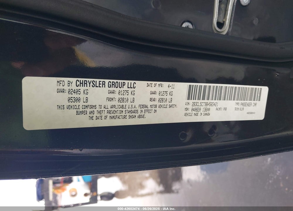 2011 DODGE CHARGER VIN: 2B3CL5CT9BH565421