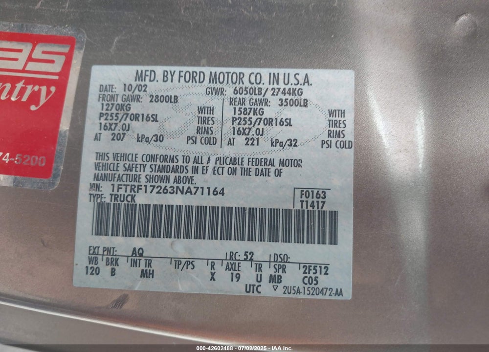2003 FORD F-150 XL/XLT VIN: 1FTRF17263NA71164