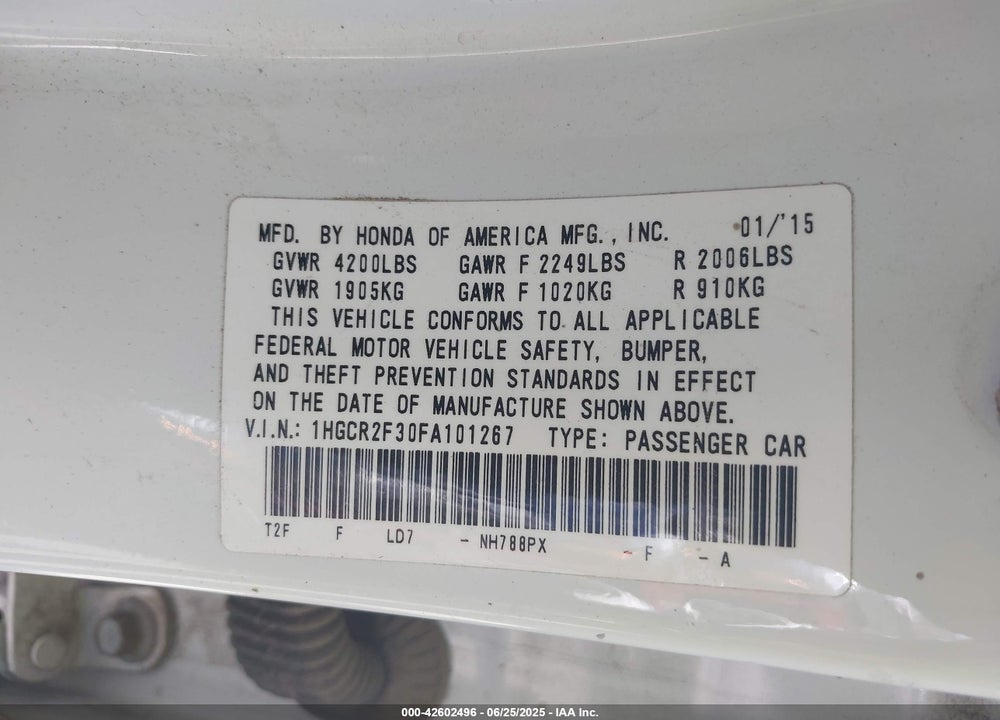 2015 HONDA ACCORD VIN: 1HGCR2F30FA101267