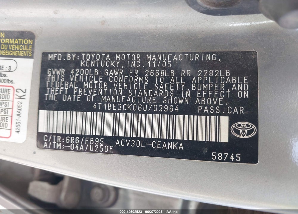2006 TOYOTA CAMRY LE VIN: 4T1BE30K06U703964