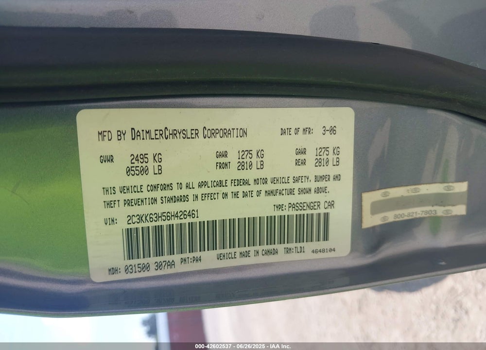 2006 CHRYSLER 300C VIN: 2C3KK63H56H426461