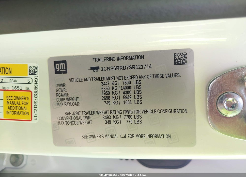 2025 CHEVROLET TAHOE VIN: 1GNS6RRD7SR121714