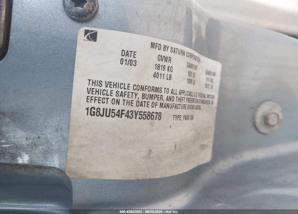 2003 SATURN L-SERIES L200 VIN: 1G8JU54F43Y558678