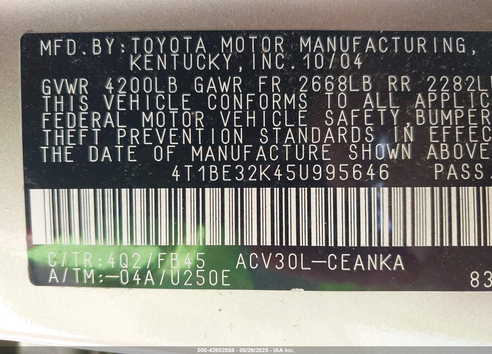 2005 TOYOTA CAMRY LE VIN: 4T1BE32K45U995646