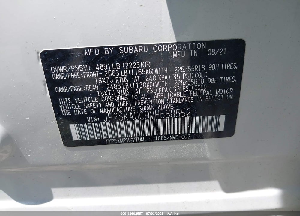 2021 SUBARU FORESTER VIN: JF2SKAUC9MH588552