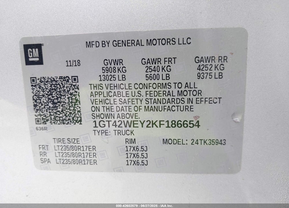 2019 GMC SIERRA 3500HD DENALI VIN: 1GT42WEY2KF186654