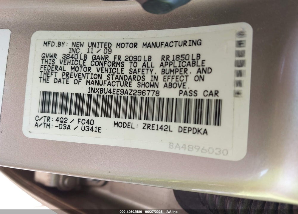 2010 TOYOTA COROLLA VIN: 1NXBU4EE9AZ296778