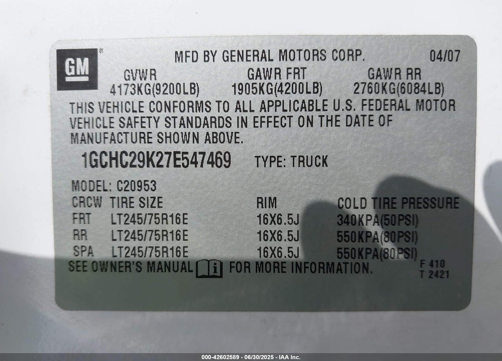 2007 CHEVROLET SILVERADO 2500HD WORK TRUCK VIN: 1GCHC29K27E547469
