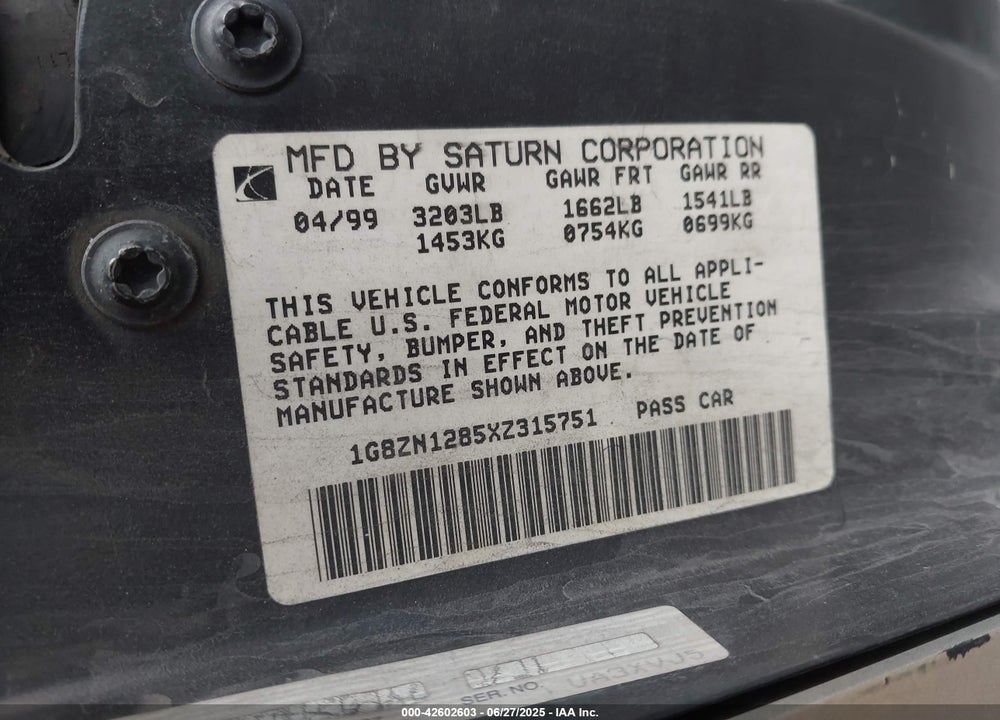 1999 SATURN SC1 VIN: 1G8ZN1285XZ315751
