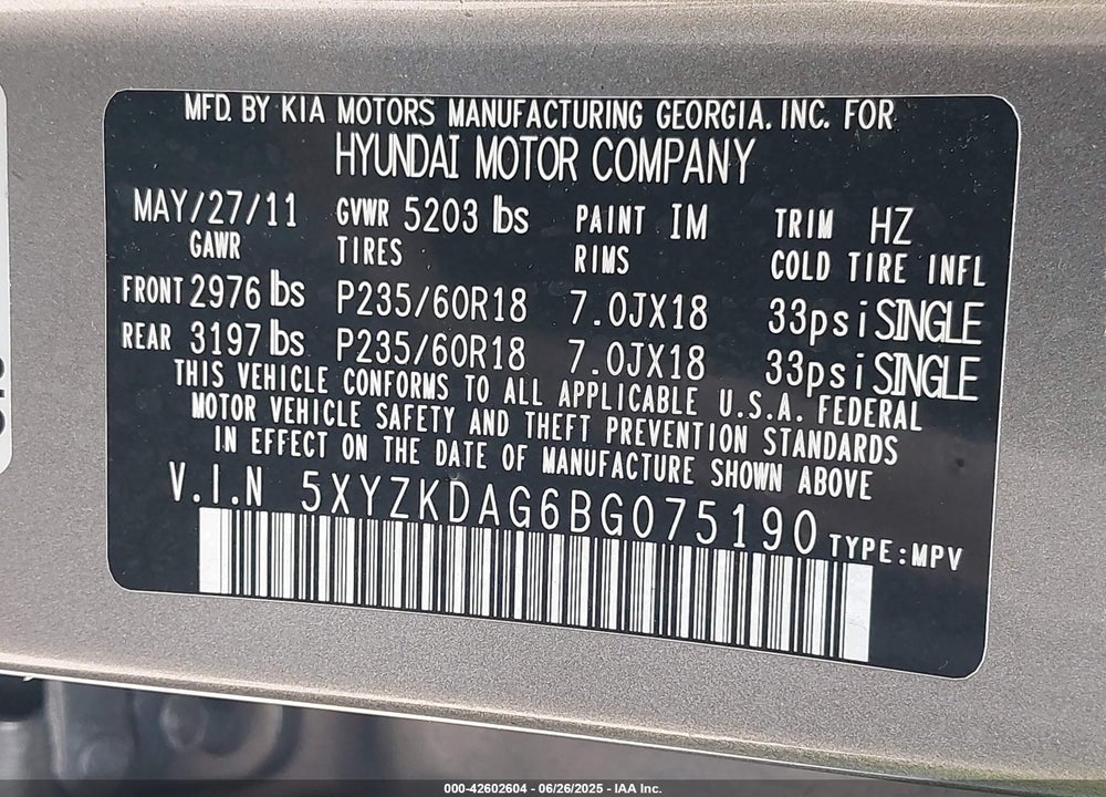 2011 HYUNDAI SANTA FE LIMITED V6 VIN: 5XYZKDAG6BG075190
