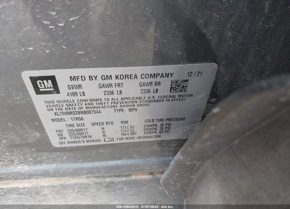 2022 CHEVROLET TRAILBLAZER VIN: KL79MMS28NB087544