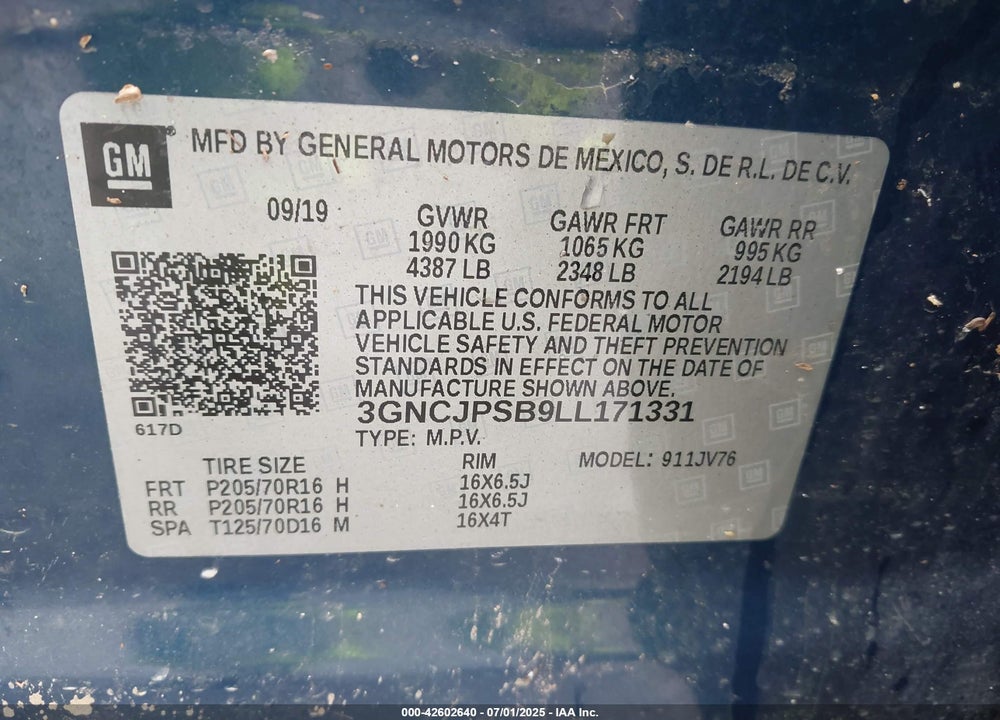 2020 CHEVROLET TRAX VIN: 3GNCJPSB9LL171331