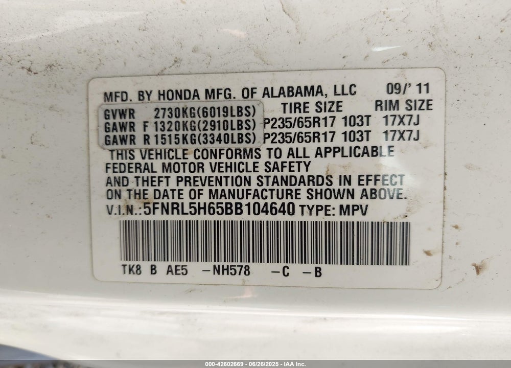 2011 HONDA ODYSSEY EX-L VIN: 5FNRL5H65BB104640