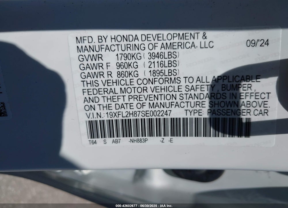 2025 HONDA CIVIC VIN: 19XFL2H87SE002247