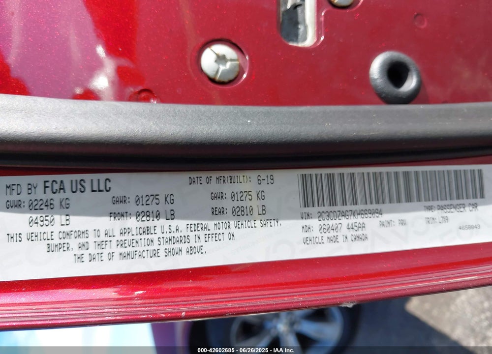 2019 DODGE CHALLENGER VIN: 2C3CDZAG7KH669094