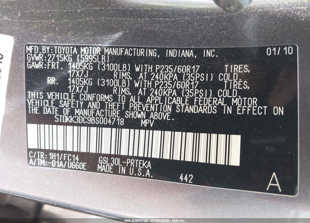 2011 TOYOTA SIENNA LE V6 VIN: 5TDKK3DC9BS004718