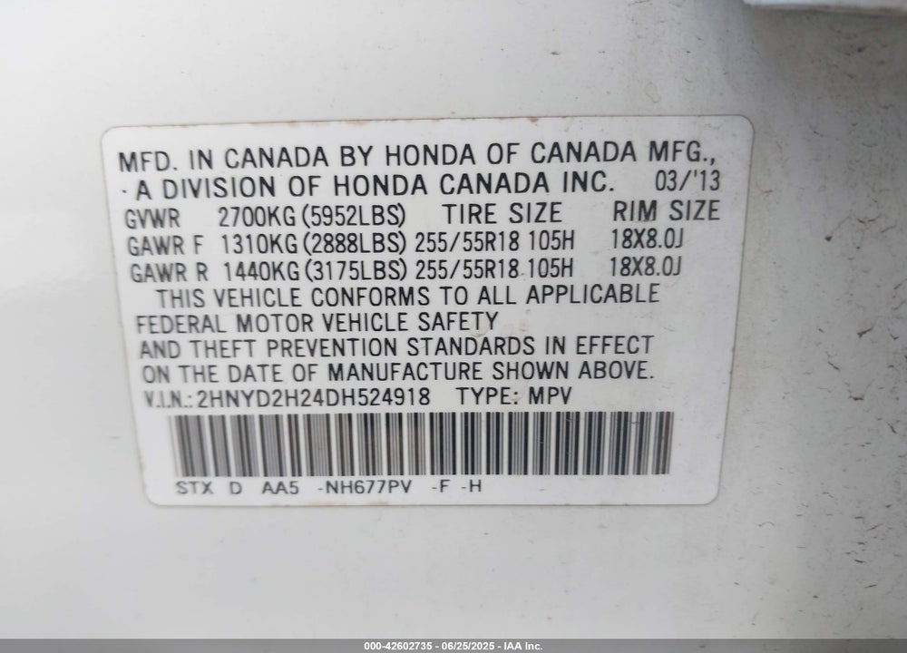 2013 ACURA MDX VIN: 2HNYD2H24DH524918