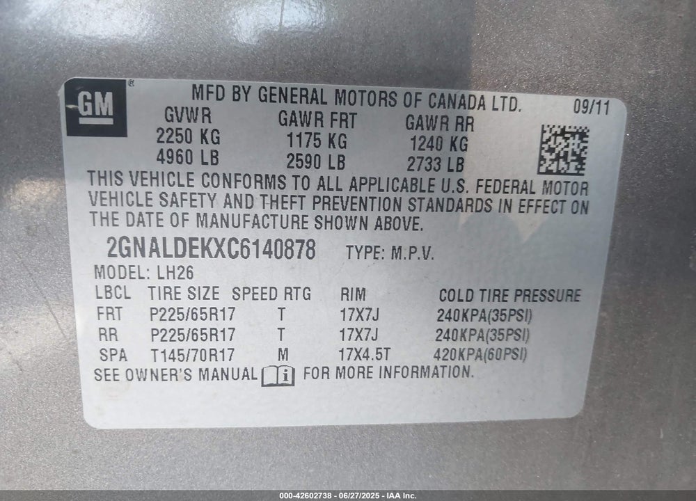 2012 CHEVROLET EQUINOX VIN: 2GNALDEKXC6140878