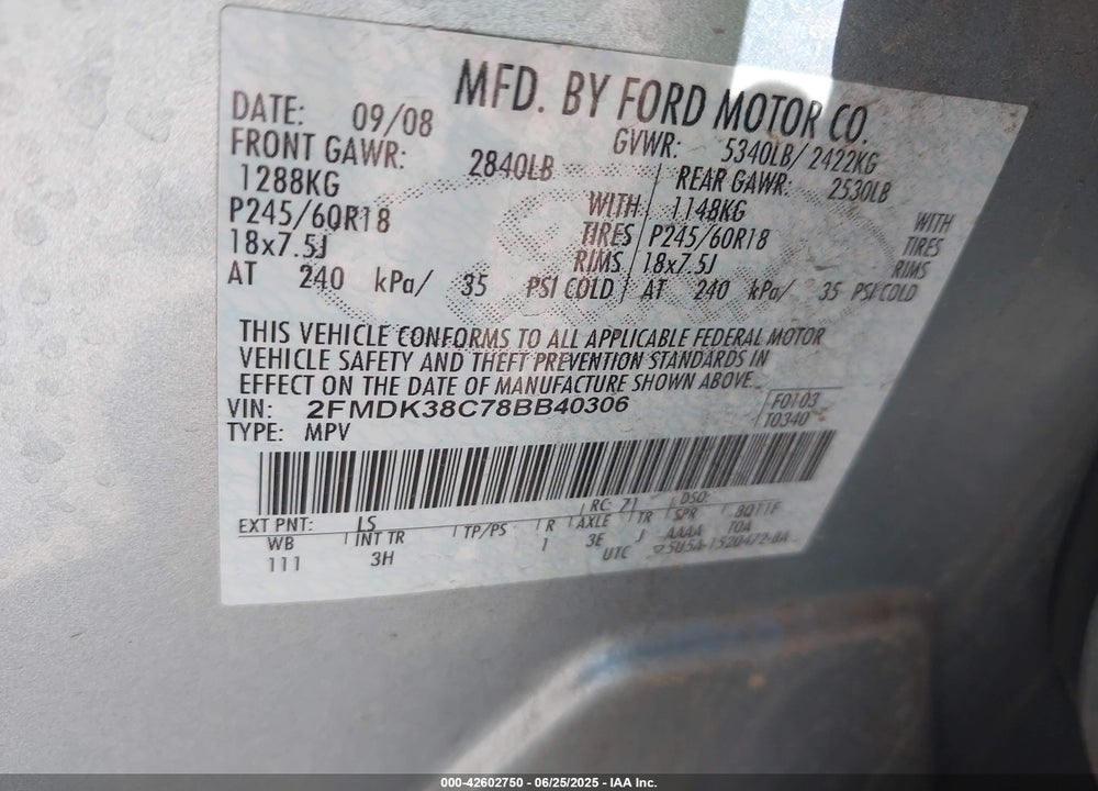 2008 FORD EDGE VIN: 2FMDK38C78BB40306