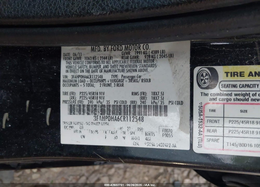 2012 FORD FUSION SE VIN: 3FAHP0HA6CR112548