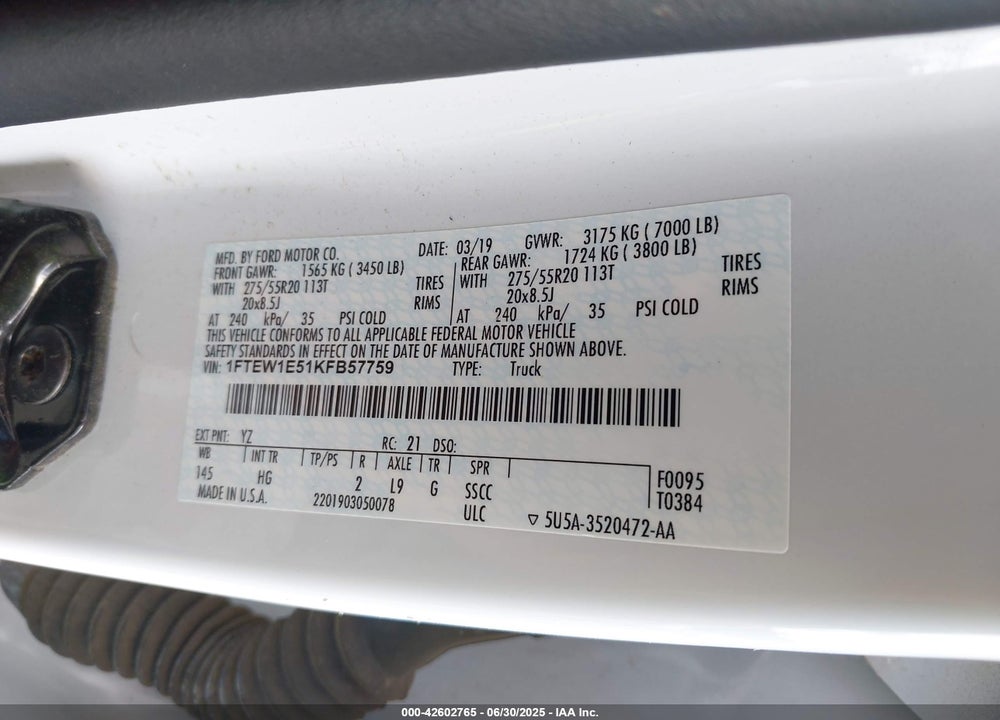 2019 FORD F-150 VIN: 1FTEW1E51KFB57759