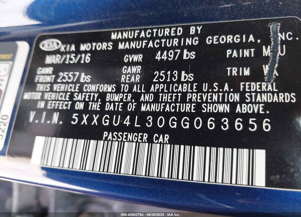 2016 KIA OPTIMA VIN: 5XXGU4L30GG063656