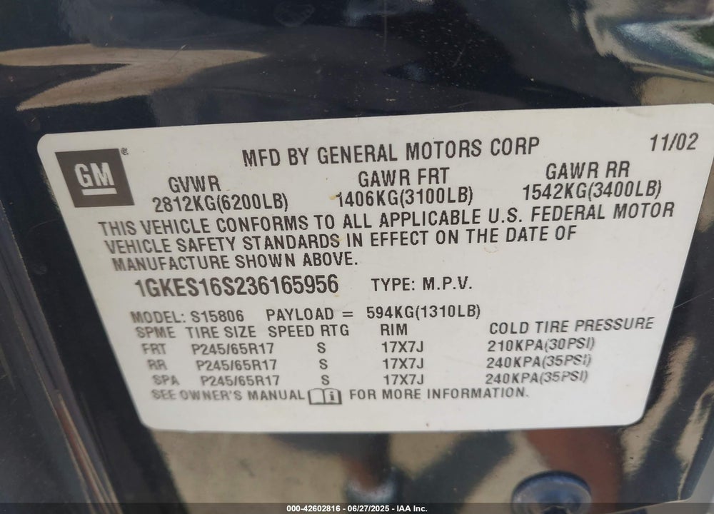 2003 GMC ENVOY XL SLT VIN: 1GKES16S236165956