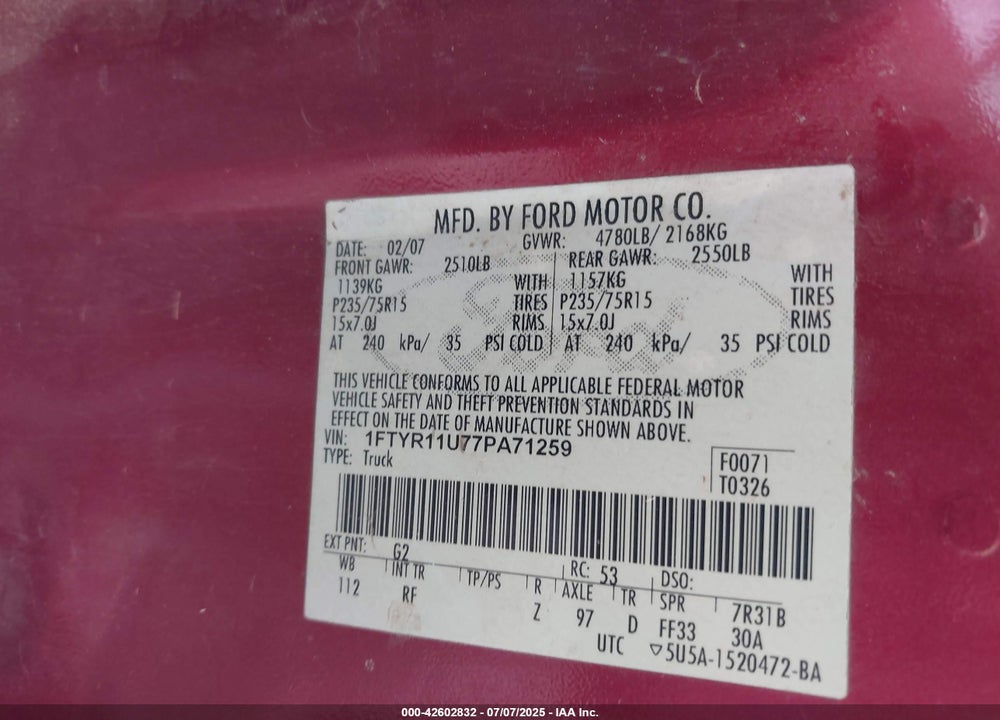 2007 FORD RANGER VIN: 1FTYR11U77PA71259