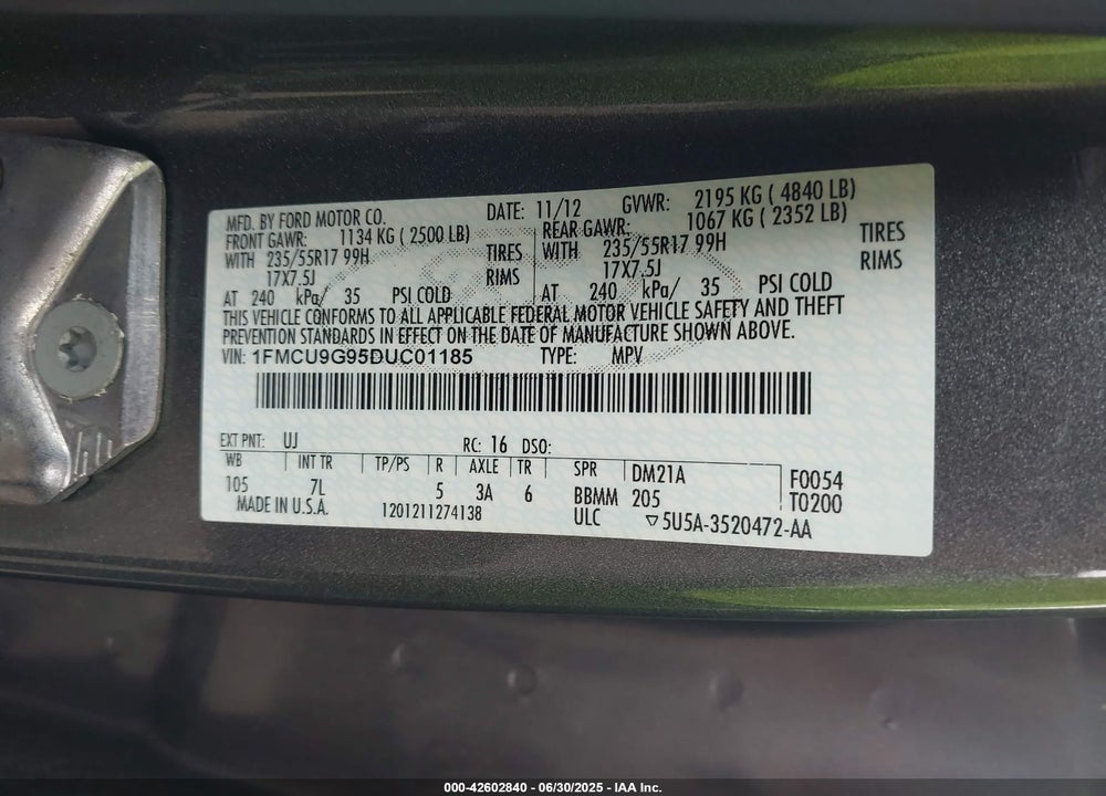 2013 FORD ESCAPE VIN: 1FMCU9G95DUC01185