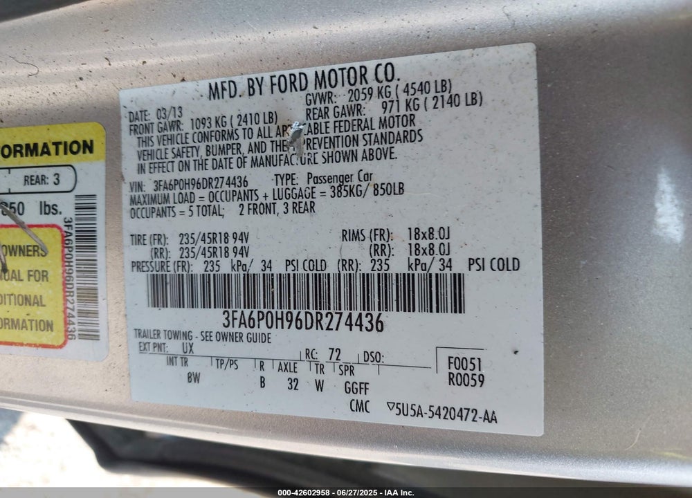 2013 FORD FUSION VIN: 3FA6P0H96DR274436