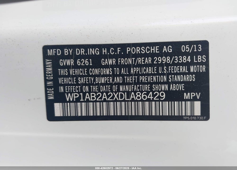 2013 PORSCHE CAYENNE S VIN: WP1AB2A2XDLA86429