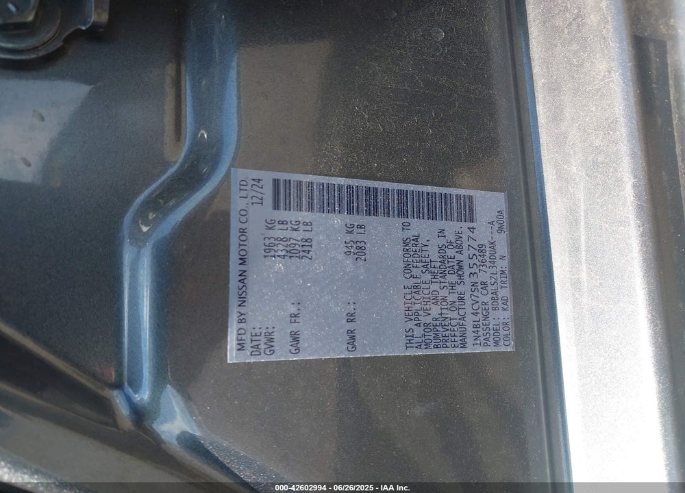 2025 NISSAN ALTIMA VIN: 1N4BL4CV7SN355774