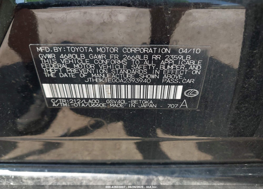 2010 LEXUS ES 350 VIN: JTHBK1EG0A2393940