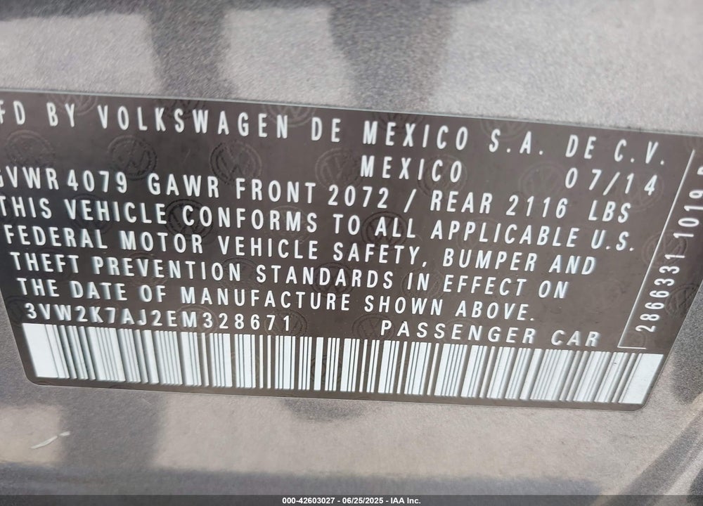 2014 VOLKSWAGEN JETTA VIN: 3VW2K7AJ2EM328671