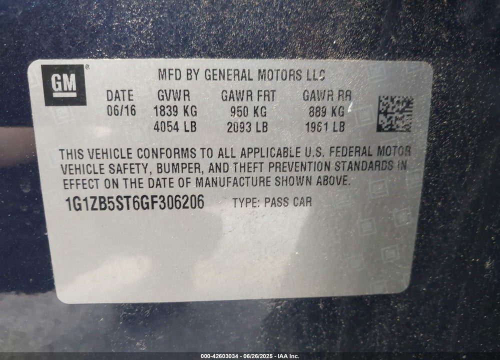 2016 CHEVROLET MALIBU VIN: 1G1ZB5ST6GF306206