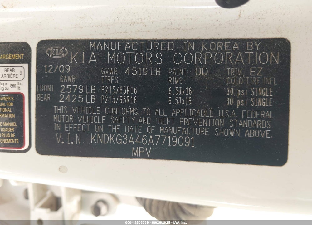 2010 KIA SPORTAGE LX VIN: KNDKG3A46A7719091