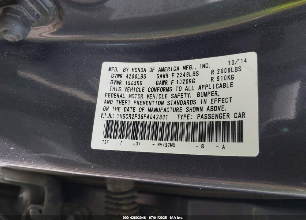 2015 HONDA ACCORD VIN: 1HGCR2F35FA042801
