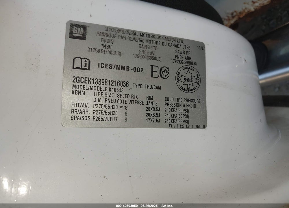 2008 CHEVROLET SILVERADO 1500 VIN: 2GCEK133981216036